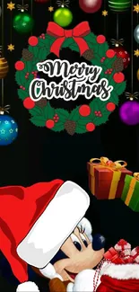 Festive Christmas-themed cartoon wallpaper with gifts and ornaments