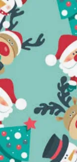 Festive Christmas cartoon wallpaper with Santa, snowmen, and reindeer.