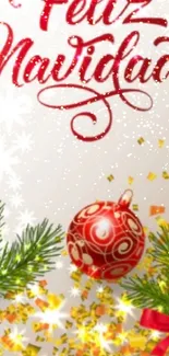 Colorful Christmas wallpaper with red ornaments and holiday greetings.