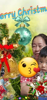 Festive Christmas wallpaper with cheerful family and decorations.