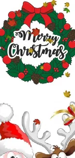 Festive Christmas wallpaper with wreath and holiday characters.