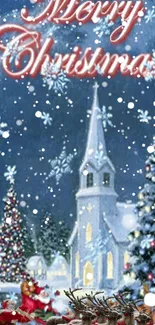 Christmas wallpaper with snowy church and Santa.