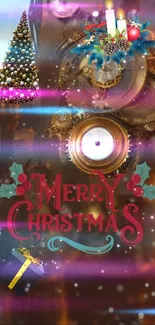 Colorful Christmas clock wallpaper with festive decorations.