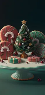 Festive Christmas cookies with tree and gifts on cake stand.