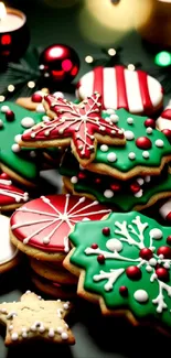 Festive Christmas cookies with colorful icing on a decorated table.