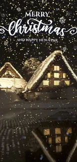 Christmas cottage in snow with festive lights and greetings