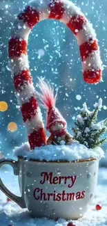 Christmas mug with candy cane and snow.