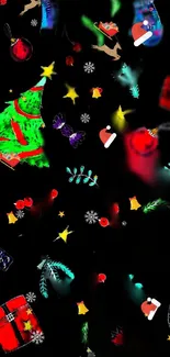 Festive Christmas dark wallpaper with colorful holiday icons on a black background.