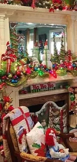 Festive Christmas mantel with vibrant decorations and holiday colors.