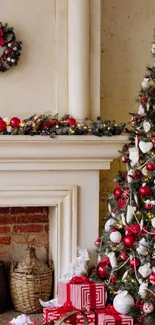 Festive Christmas tree by a fireplace with red ornaments and gifts.