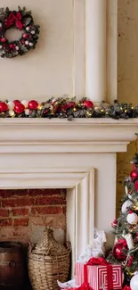 Christmas scene with decorated tree and fireplace.