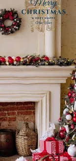 Festive Christmas scene with tree and fireplace.