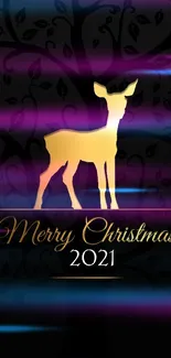 Golden Christmas deer with glowing colors on a festive black background.