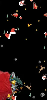 Festive Christmas wallpaper with Santa, snowflakes, and stars on a black background.