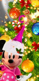 Colorful Disney Christmas wallpaper with festive tree and character.