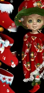 Cute doll in red dress with Christmas stockings on black background.