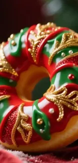 Festive Christmas donut with vivid colors and gold decorations.