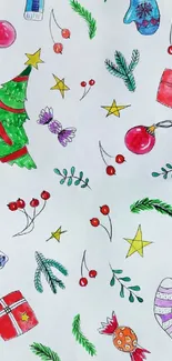 Colorful festive Christmas doodles wallpaper with ornaments and gifts.