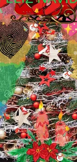 Colorful Christmas tree on rustic door background with festive decorations.