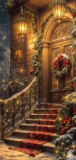 Festive doorway with wreath and snow-covered steps.
