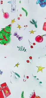 Colorful Christmas-themed drawings on white background wallpaper.