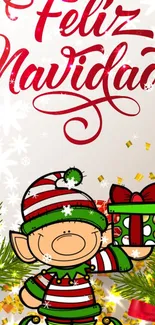 Christmas elf wallpaper with Feliz Navidad text.