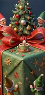 Elves around a Christmas gift with a tree.