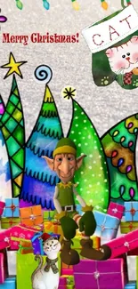 Festive Christmas wallpaper with an elf and colorful trees.