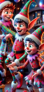 Cheerful Christmas elves in colorful attire, celebrating in a magical setting.