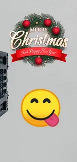 Festive mobile wallpaper with Christmas greeting and smiley emoji.