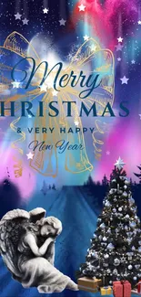 Merry Christmas mobile wallpaper with angel statue and Christmas tree under starry sky.