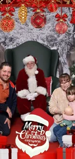 Family with Santa in festive Christmas setting.