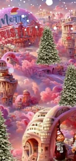 Christmas fantasy wallpaper with pink hues, trees, and architectural designs.