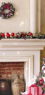 Christmas fireplace with festive decor and tree.