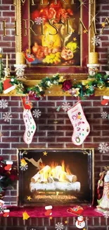 Festive Christmas fireplace with stockings and garlands in a cozy setting.