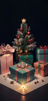 Festive Christmas tree with gifts on display.