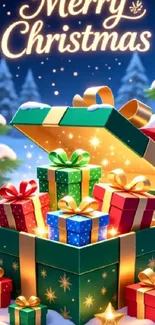 Colorful Christmas gifts under snowy trees.