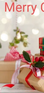 Christmas gifts with festive ribbons and holiday lights.