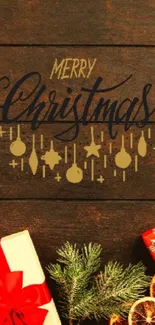 Festive holiday wallpaper with gifts and Christmas decor on wooden background.