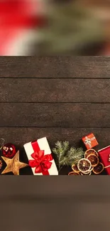 Christmas gifts and decor on a rustic wooden background.