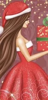 Festive girl in red Santa dress holding a gift box with holly leaves.