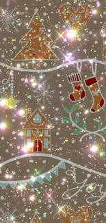 Glittery Christmas wallpaper with gingerbread motifs and festive decorations.