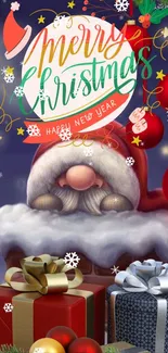 Charming gnome with Christmas gifts and decorations in festive wallpaper.