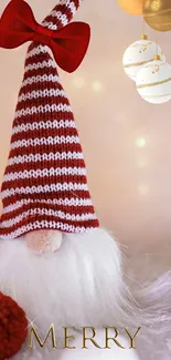 Christmas gnome with striped hat and ornaments wallpaper.