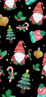 Festive Christmas gnomes with candy canes and holiday decor on a dark background.