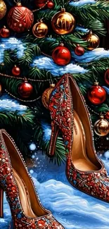 Festive high heels beside a Christmas tree adorned with ornaments.