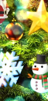 Christmas wallpaper with Santa, star, snowflake, and snowman on green tree.