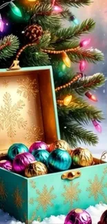 Festive Christmas scene with tree, ornaments, and glass of wine.