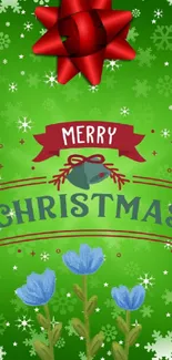 Vibrant Christmas wallpaper with green background, red bow, and festive text.