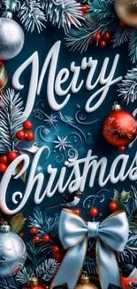 Festive Christmas wallpaper with ornaments and pine.